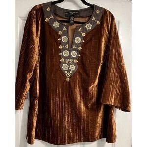 Womens Venezia 18 20 Brown Velvet Pullover Top Split‎ Neck Goblincore Beaded
